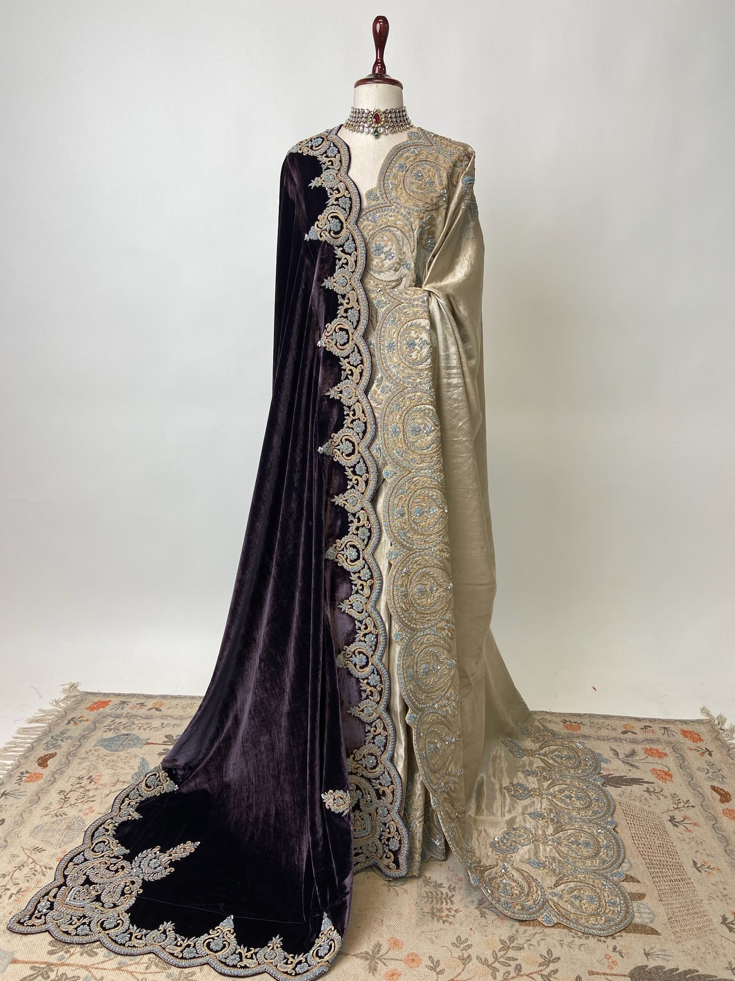 PURE HANDWOVEN TISSUE SILK SAREE WITH RUST SILVER & GOLD ZARDOSI PAIRED WITH VELVET SILK DUPATTA