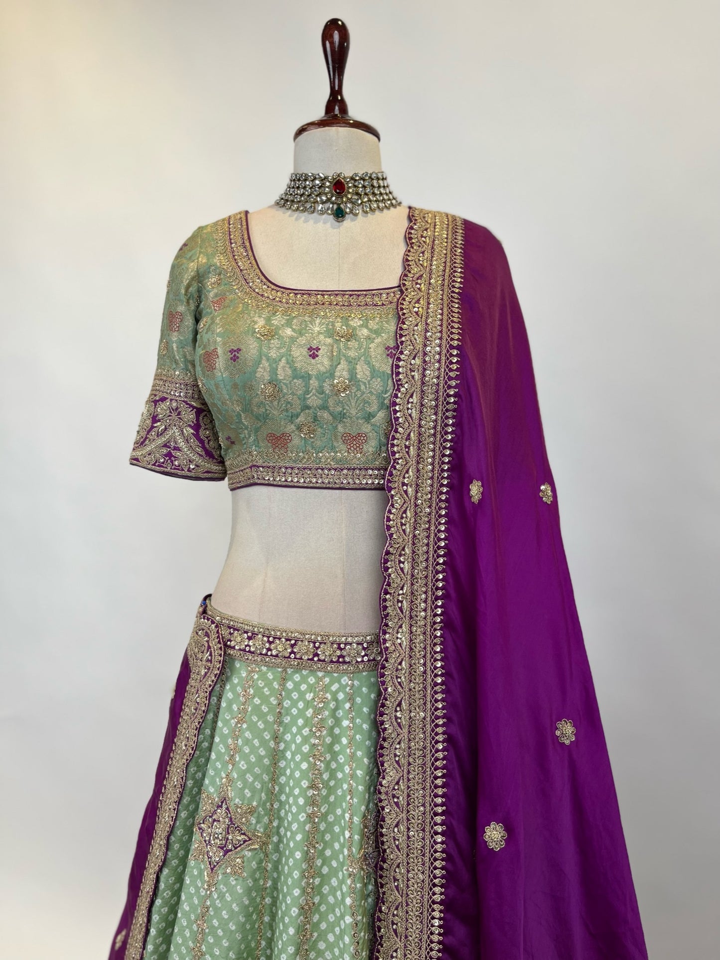 SAGE GREEN BANDHEJ LEHENGA IN MARODI & RESHAM WORK