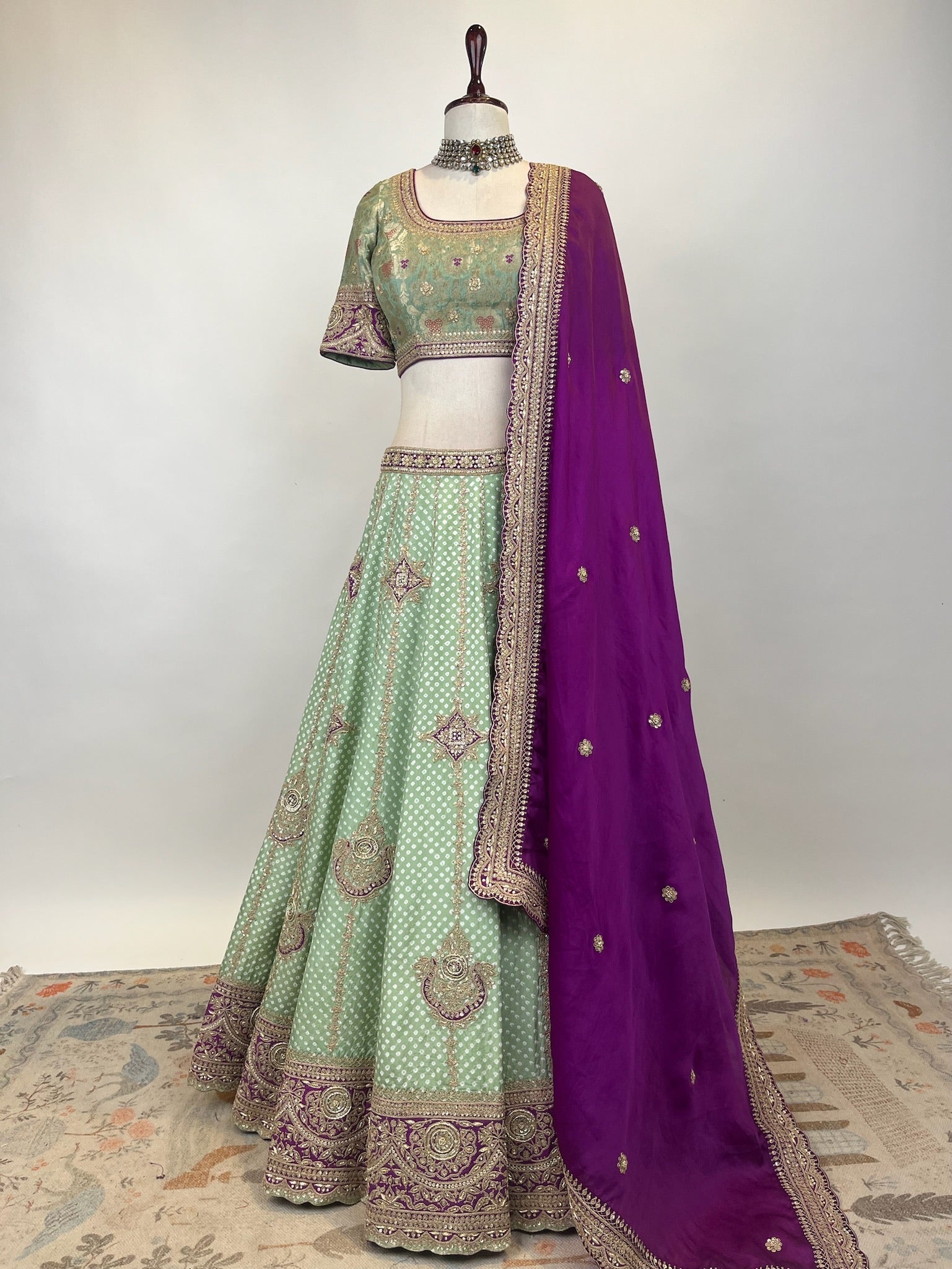 SAGE GREEN BANDHEJ LEHENGA IN MARODI & RESHAM WORK