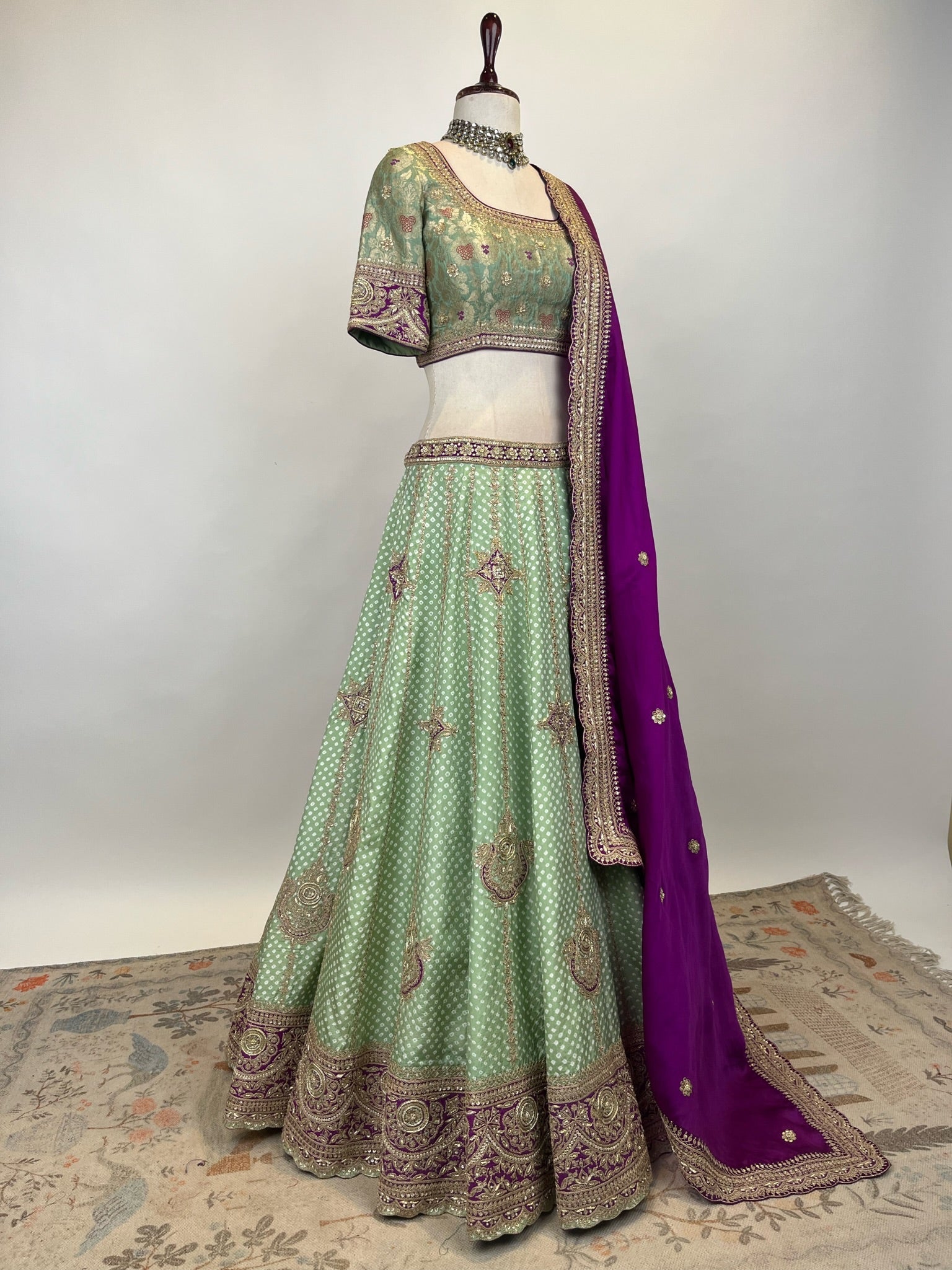 SAGE GREEN BANDHEJ LEHENGA IN MARODI & RESHAM WORK