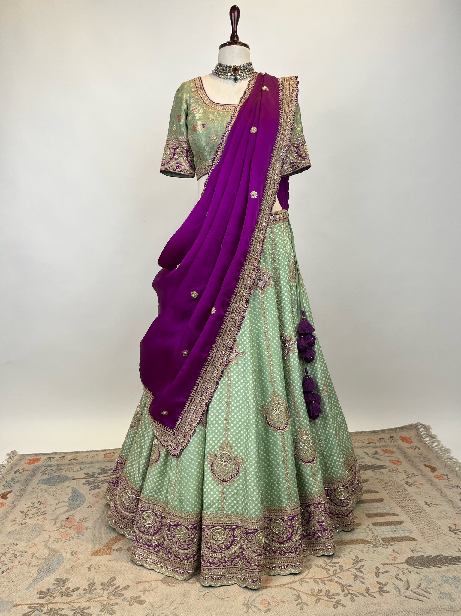 SAGE GREEN BANDHEJ LEHENGA IN MARODI & RESHAM WORK