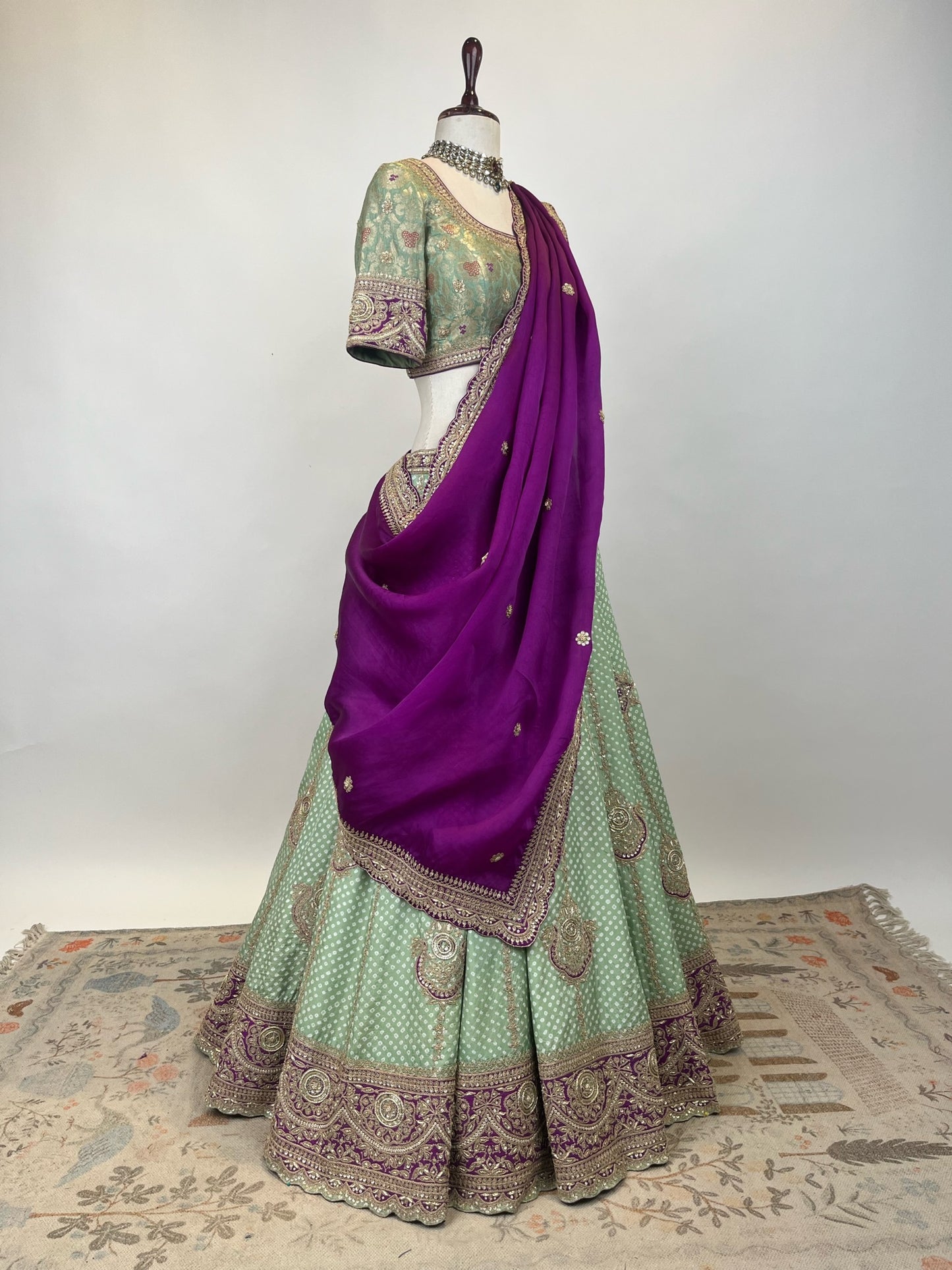 SAGE GREEN BANDHEJ LEHENGA IN MARODI & RESHAM WORK – Nidhitambi