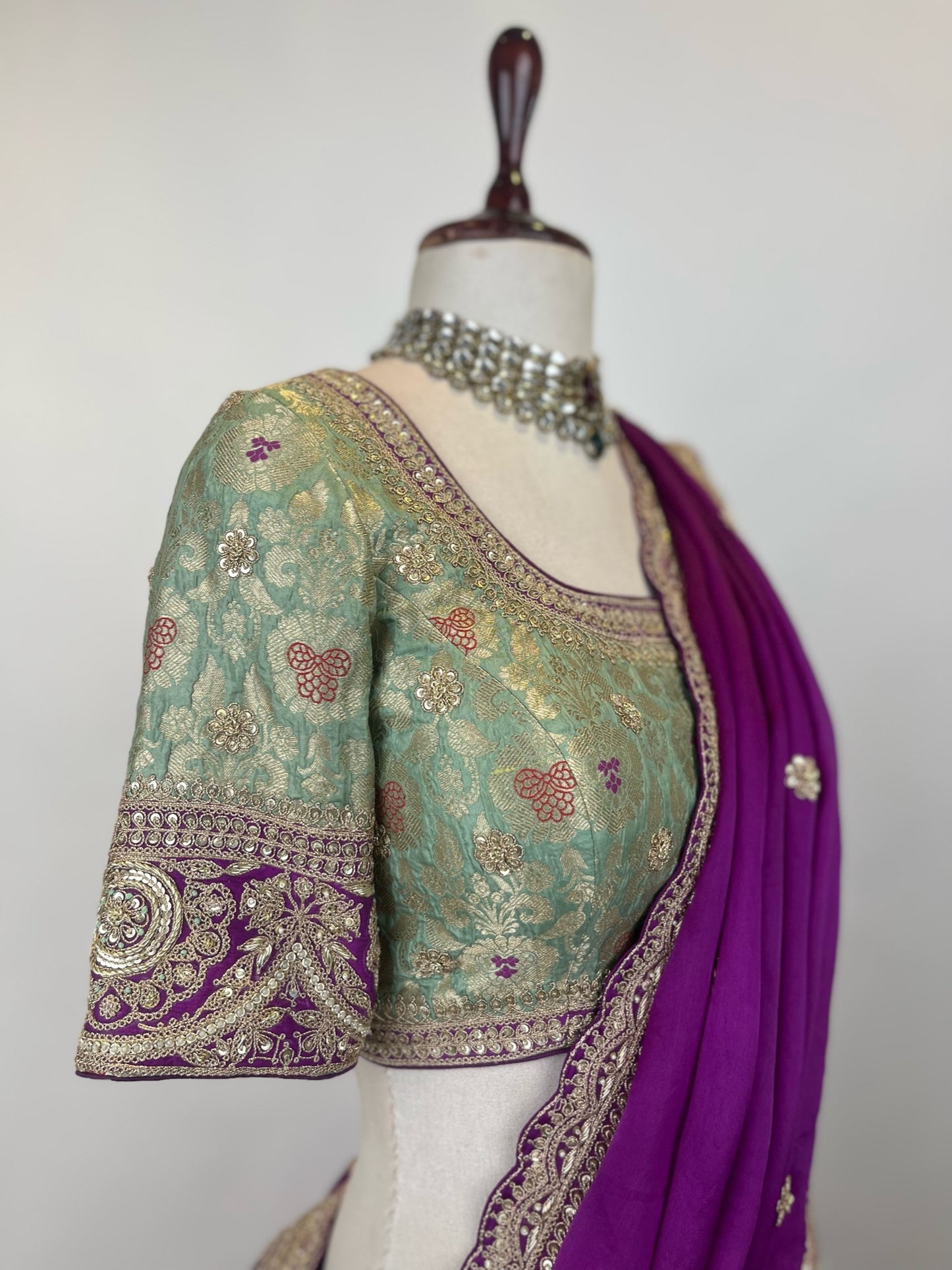 SAGE GREEN BANDHEJ LEHENGA IN MARODI & RESHAM WORK