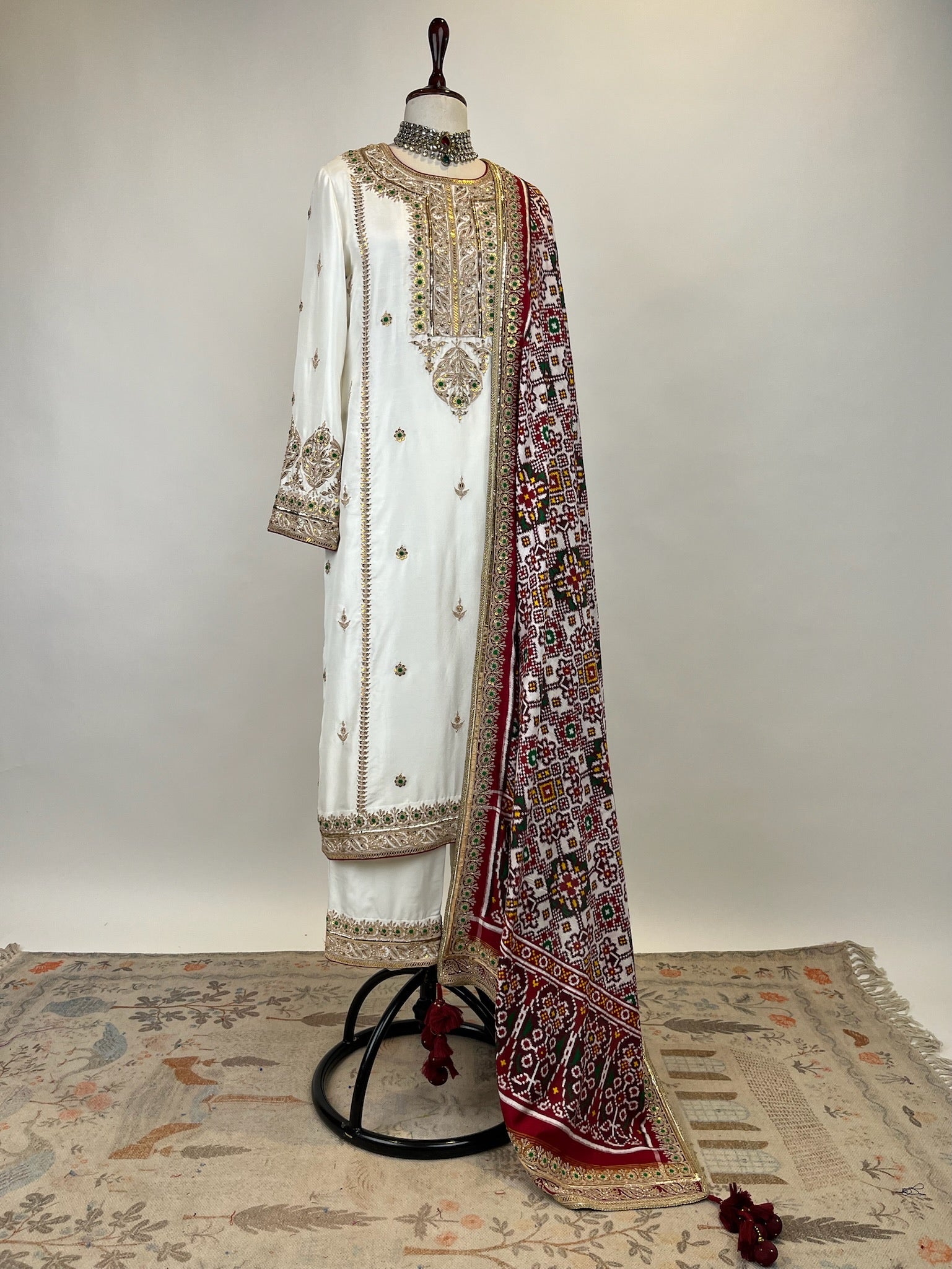 KURTA ENSEMBLE IN MARODI WORK WITH DOUBLE IKAT PATAN PATOLA DUPATTA