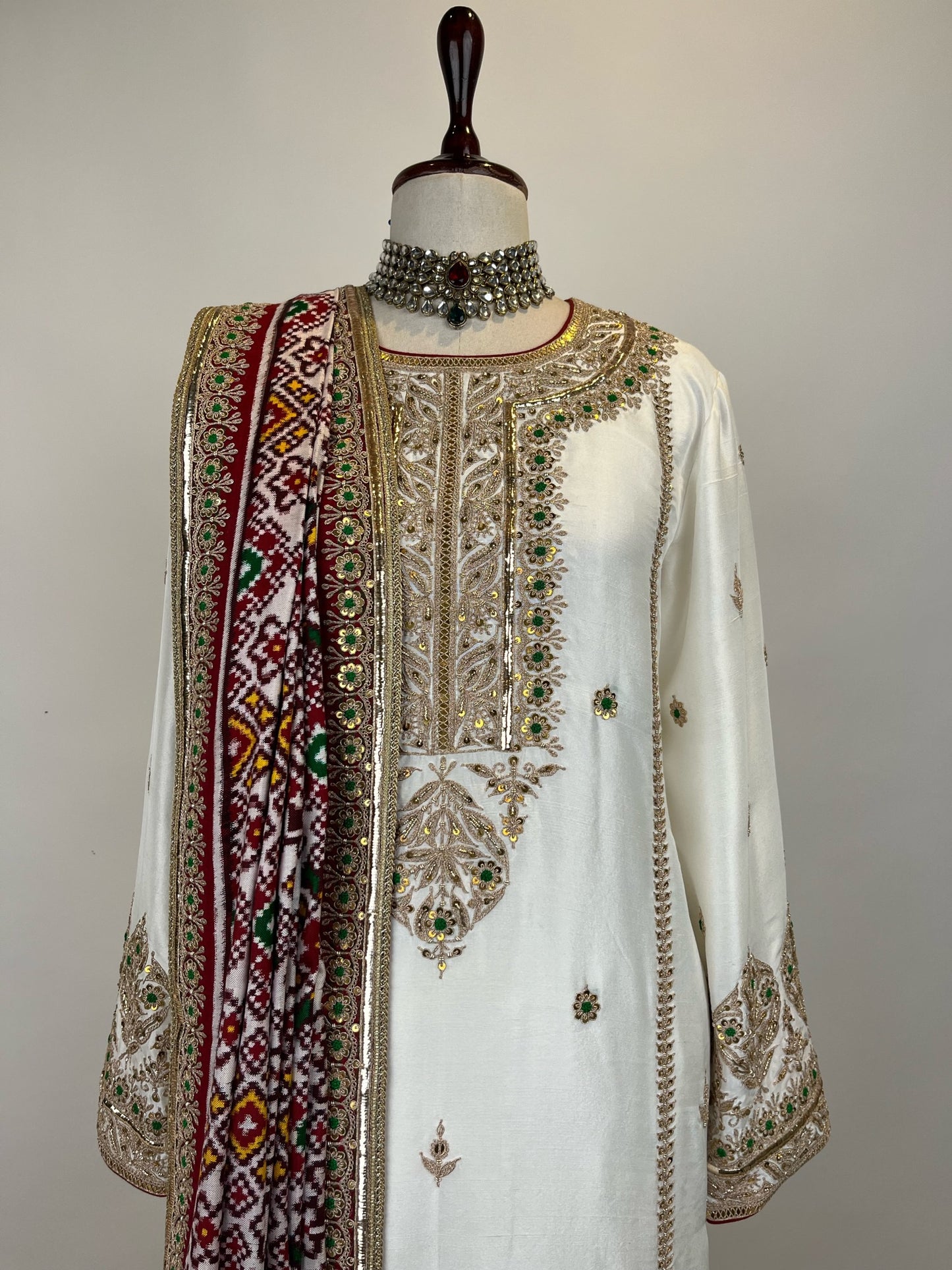 KURTA ENSEMBLE IN MARODI WORK WITH DOUBLE IKAT PATAN PATOLA DUPATTA