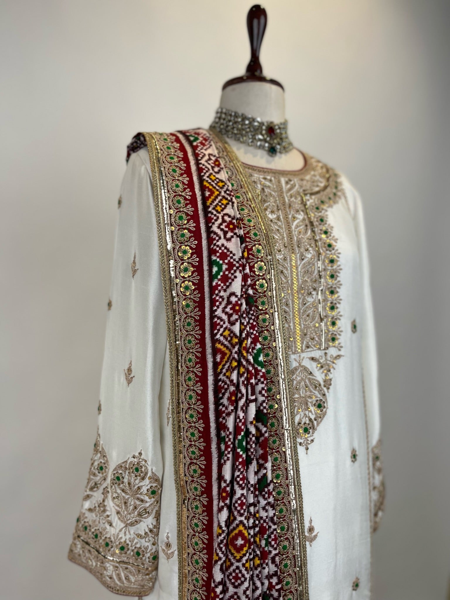 KURTA ENSEMBLE IN MARODI WORK WITH DOUBLE IKAT PATAN PATOLA DUPATTA