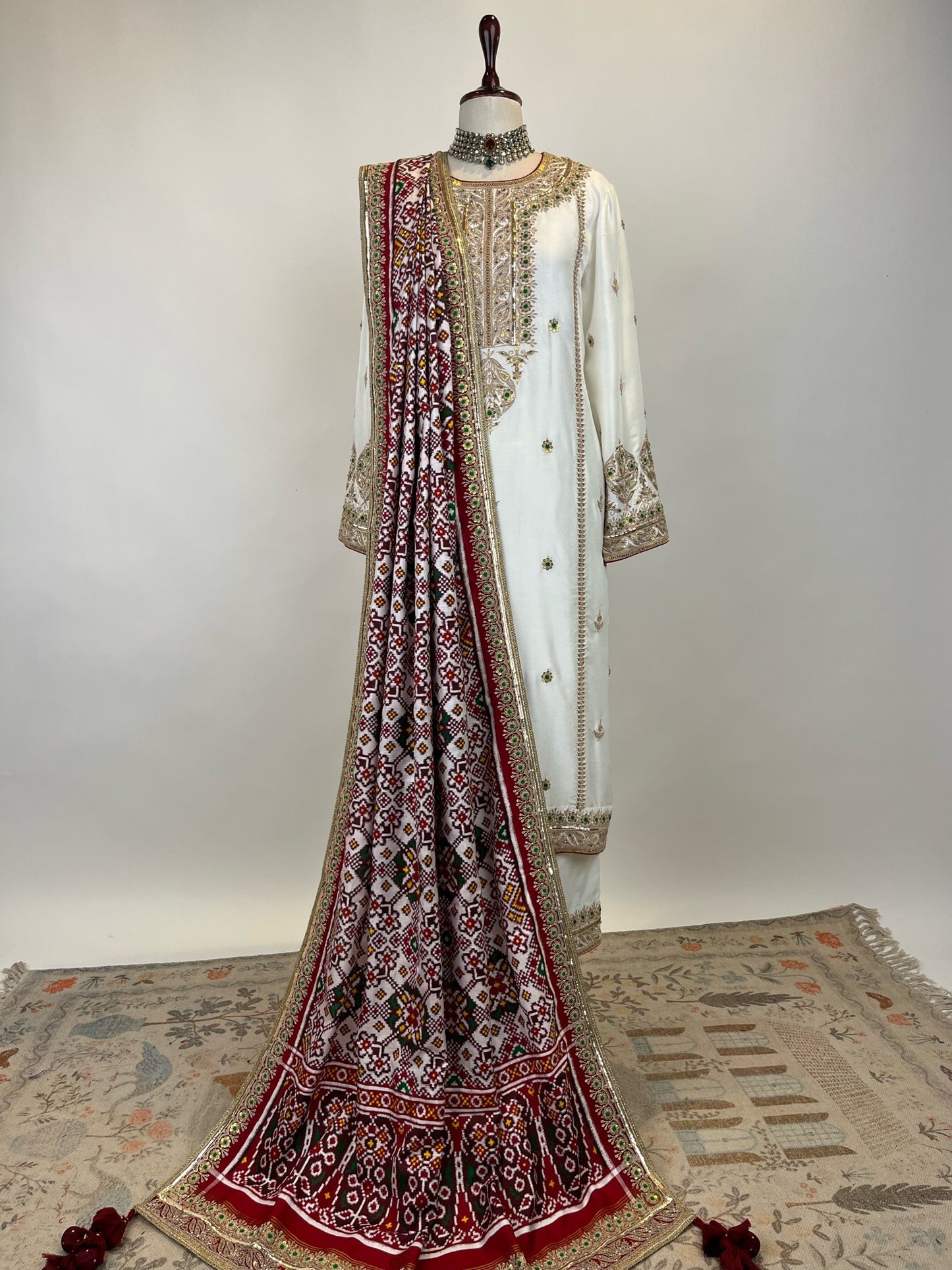 KURTA ENSEMBLE IN MARODI WORK WITH DOUBLE IKAT PATAN PATOLA DUPATTA