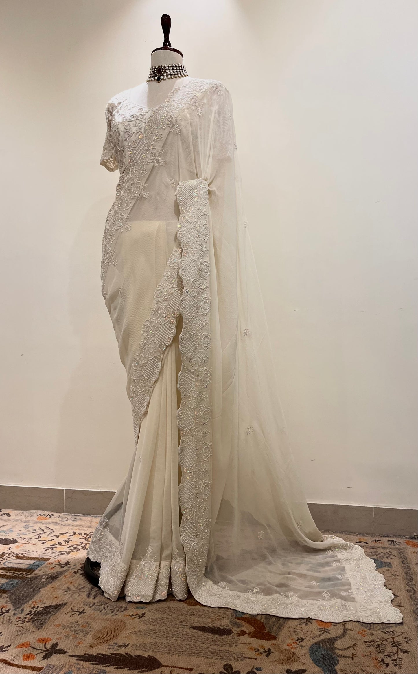 MONOTONE OFF WHITE CHIFFON  SAREE WITH ZARDOSI & RESHAM EMBROIDERY