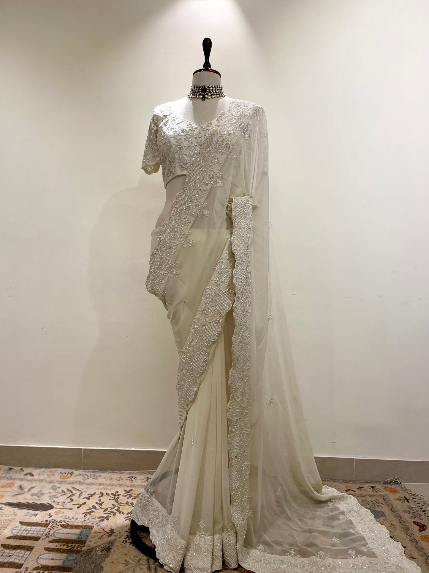 MONOTONE OFF WHITE CHIFFON  SAREE WITH ZARDOSI & RESHAM EMBROIDERY