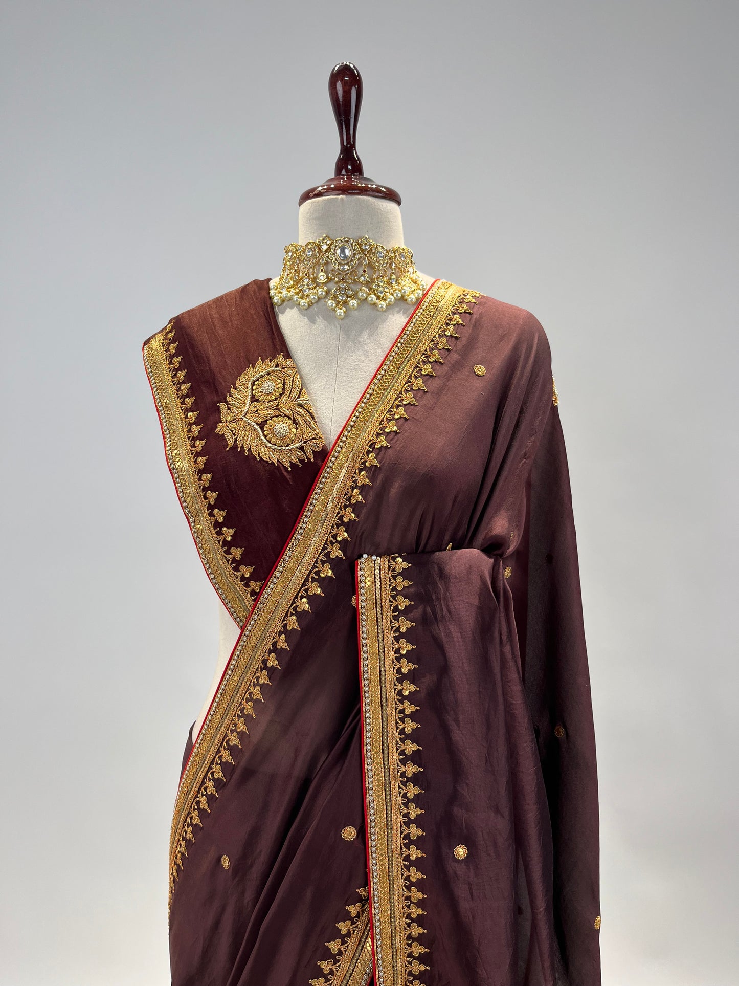 BROWN CREPE SILK SAREE WITH FINE MARODI BORDER WORK