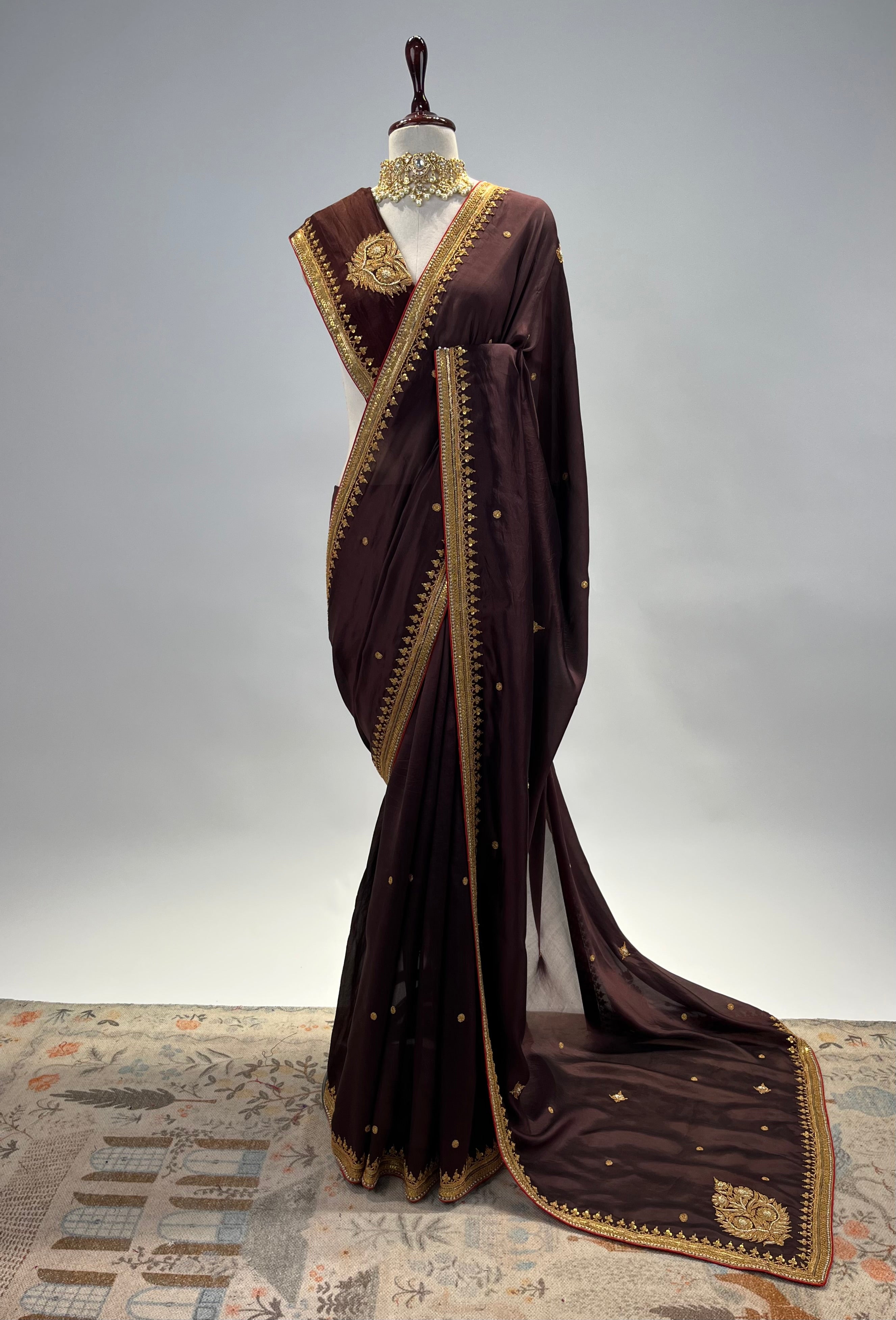 BROWN CREPE SILK SAREE WITH FINE MARODI BORDER WORK