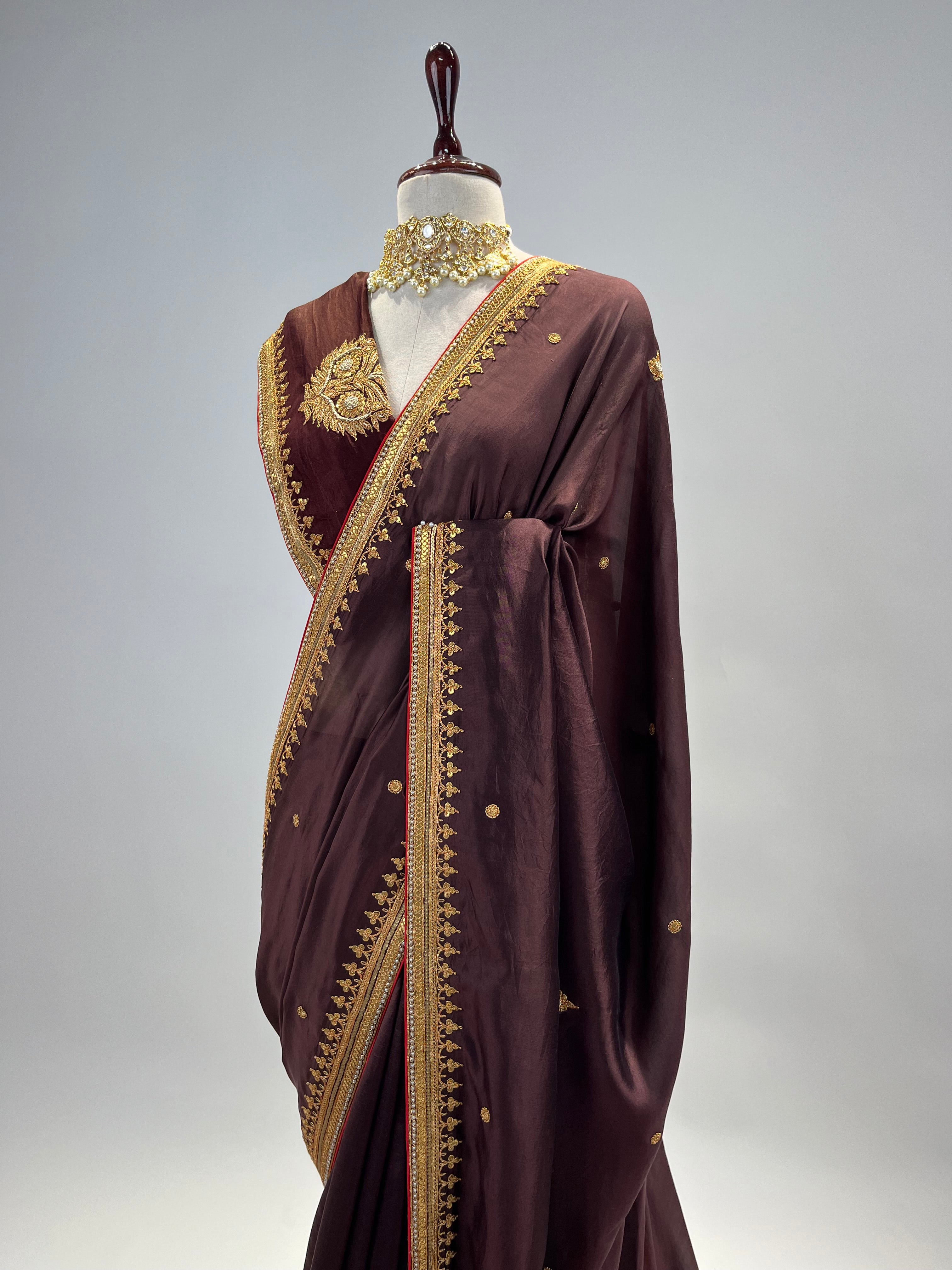 BROWN CREPE SILK SAREE WITH FINE MARODI BORDER WORK