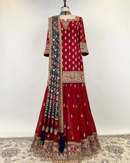 A ZARDOSI AND MARODI EMBROIDERED SHARARA SET WITH A DOUBLE IKAT PATAN PATOLA DUPATTA