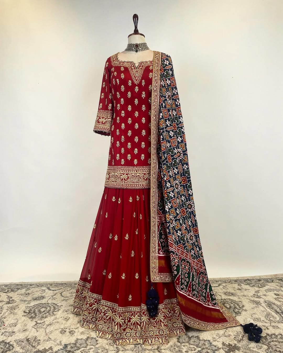 A ZARDOSI AND MARODI EMBROIDERED SHARARA SET WITH A DOUBLE IKAT PATAN PATOLA DUPATTA