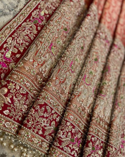 RUST ORANGE BROCADE ZARI SAREE WITH ZARDOSI FRENCH KNOT AND PEARLS AND RED EMBROIDERED BLOUSE