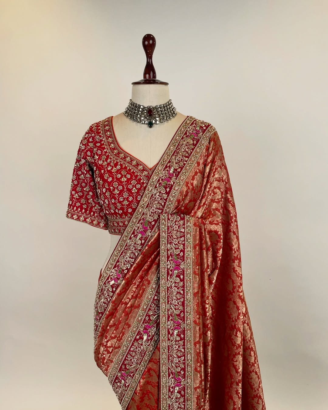 RUST ORANGE BROCADE ZARI SAREE WITH ZARDOSI FRENCH KNOT AND PEARLS AND RED EMBROIDERED BLOUSE