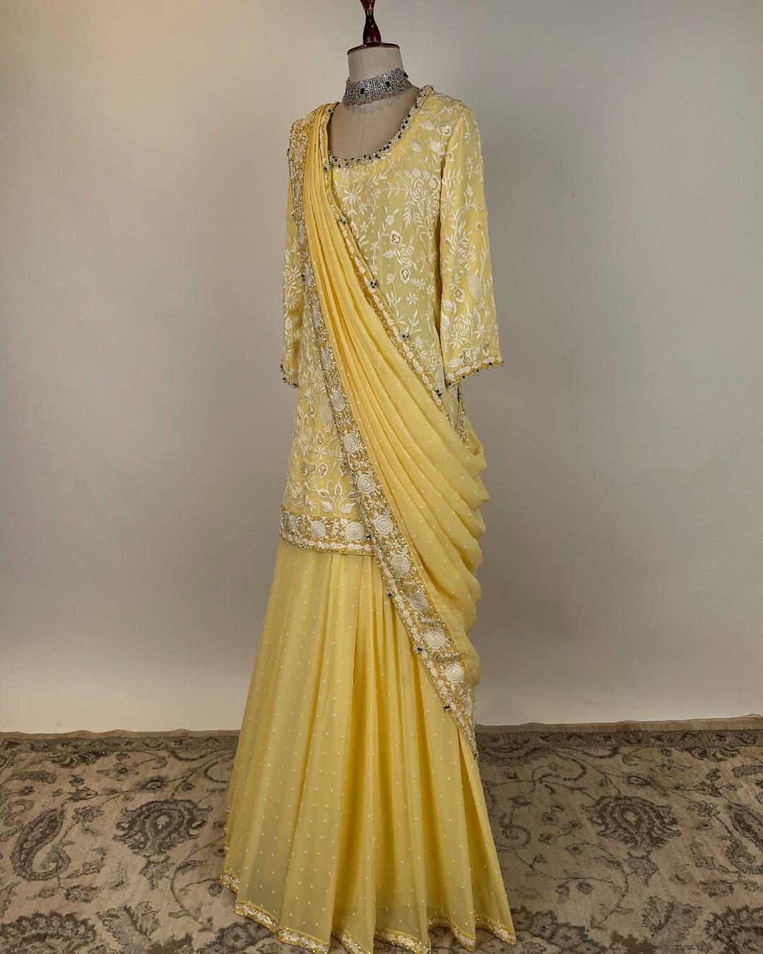 PASTEL YELLOW EKTAAR PARSI GARA PASTEL ENSEMBLE EMBELLISHED WITH PEARL AND SEQUIN WORK