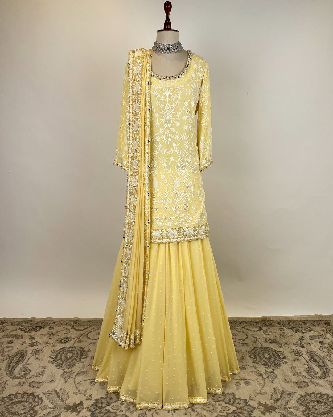 PASTEL YELLOW EKTAAR PARSI GARA PASTEL ENSEMBLE EMBELLISHED WITH PEARL AND SEQUIN WORK