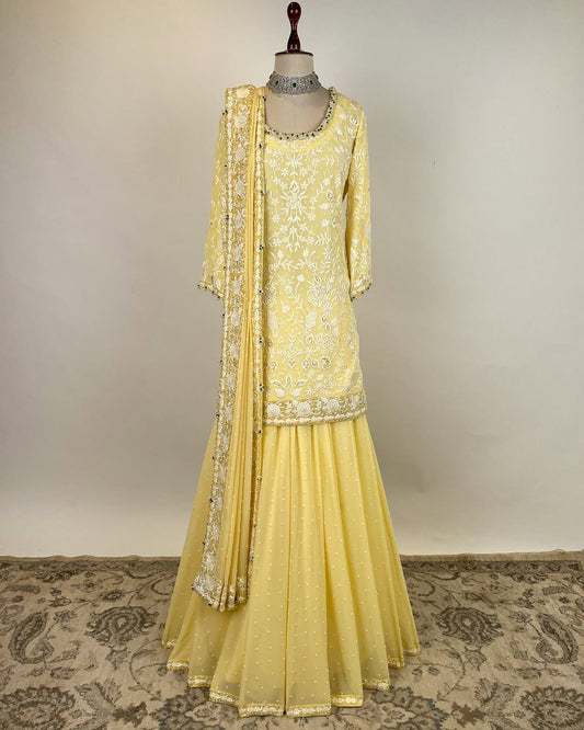 PASTEL YELLOW EKTAAR PARSI GARA PASTEL ENSEMBLE EMBELLISHED WITH PEARL AND SEQUIN WORK