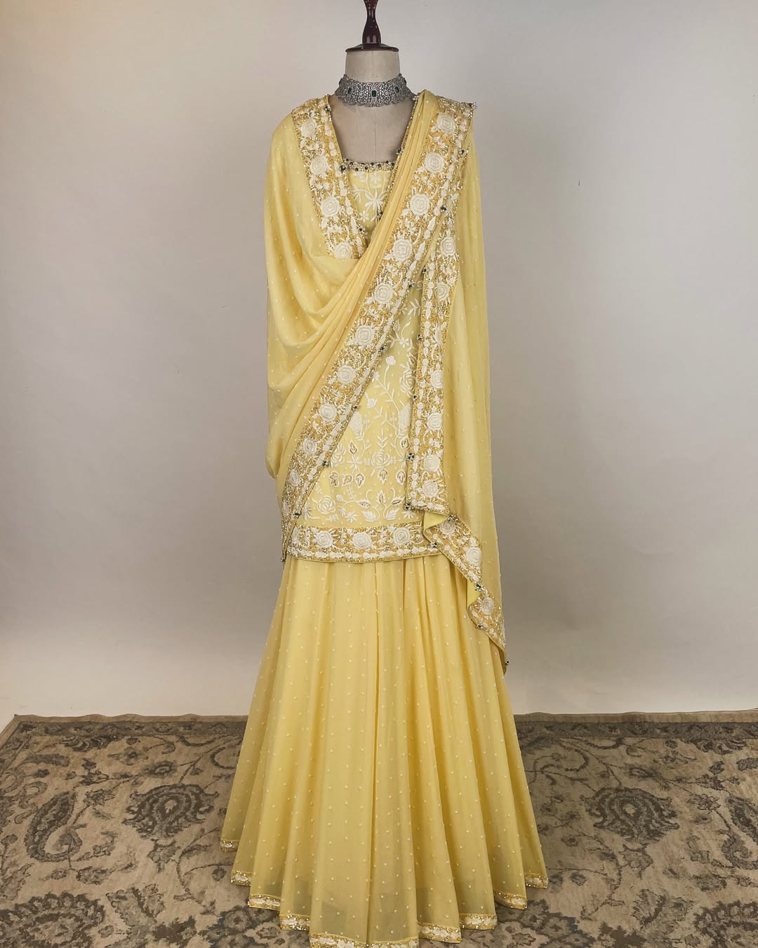 PASTEL YELLOW EKTAAR PARSI GARA PASTEL ENSEMBLE EMBELLISHED WITH PEARL AND SEQUIN WORK