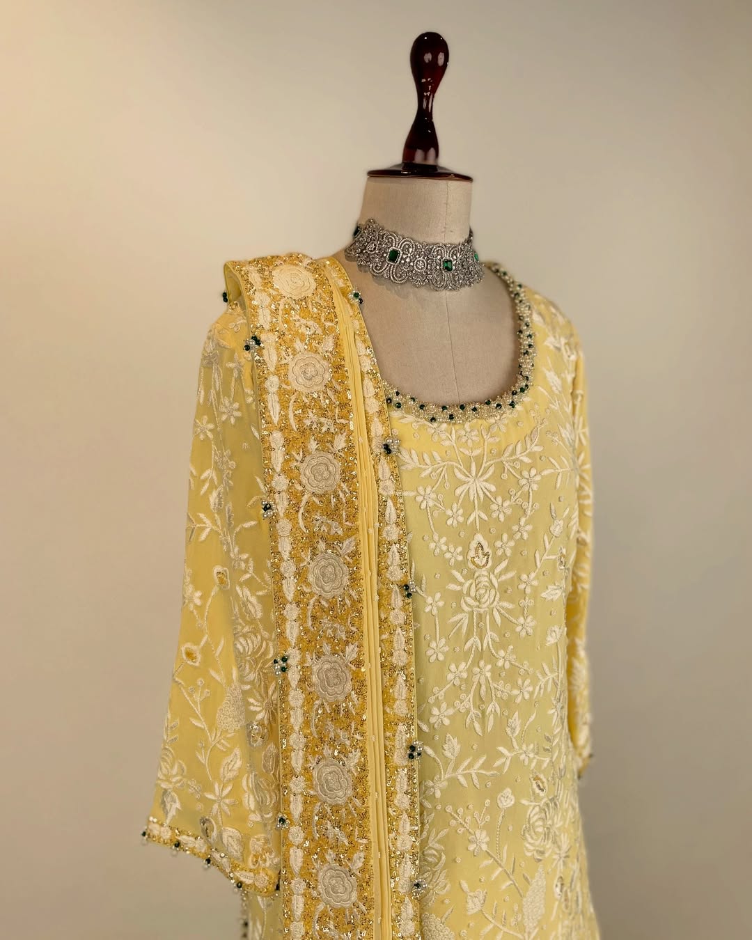 PASTEL YELLOW EKTAAR PARSI GARA PASTEL ENSEMBLE EMBELLISHED WITH PEARL AND SEQUIN WORK