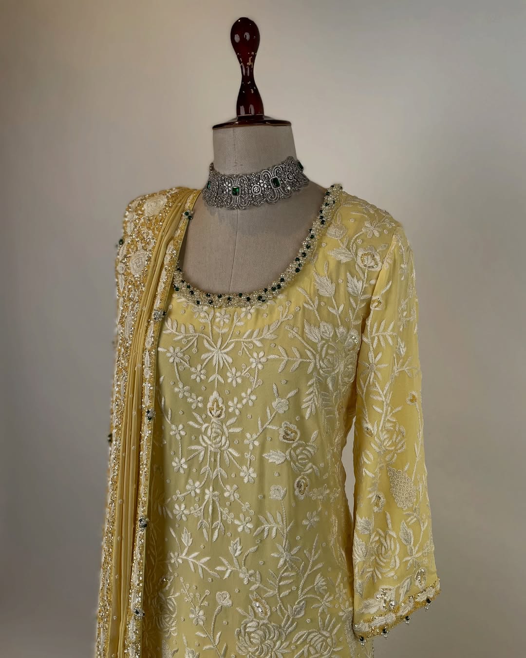 PASTEL YELLOW EKTAAR PARSI GARA PASTEL ENSEMBLE EMBELLISHED WITH PEARL AND SEQUIN WORK