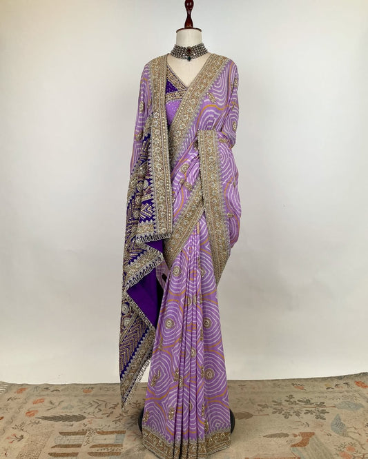 LAVENDER AND PURPLE DUAL TONED RAI BANDHEJ KADWA BENARASI WEAVE SAREE WITH DORI MARODI ZARDOSI AND TIKI EMBROIDERY