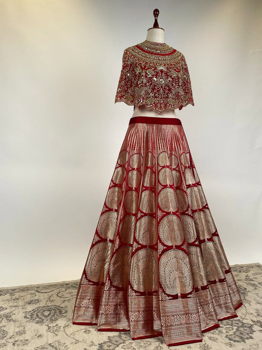 MASHRU SILK HANDLOOM KADWA WEAVE LEHENGA WITH MEENAKARI PAIRED WITH AN EMBROIDERED SHORT CAPE TOP