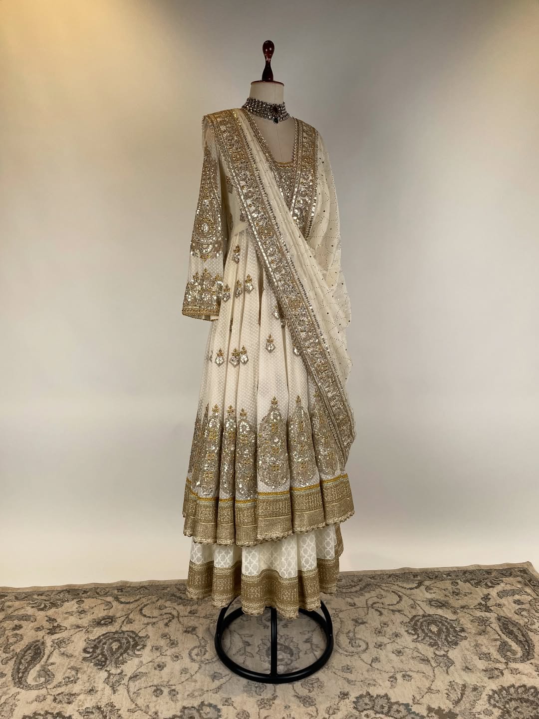 FINE CHANDERI SILK ANARKALI IN TRADITIONAL TECHNIQUES OF GOTA WITH DANKA KAMDANI AND MARODI