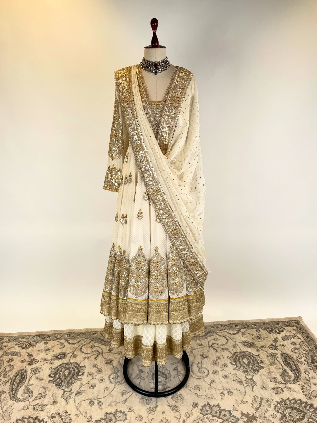 FINE CHANDERI SILK ANARKALI IN TRADITIONAL TECHNIQUES OF GOTA WITH DANKA KAMDANI AND MARODI