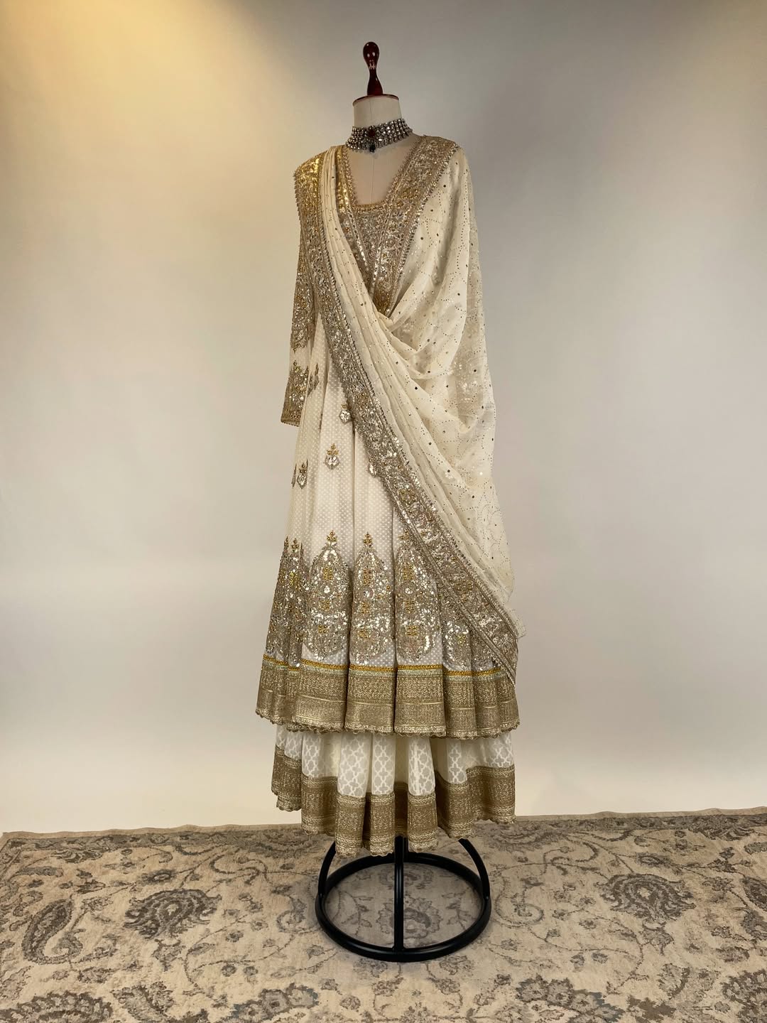 FINE CHANDERI SILK ANARKALI IN TRADITIONAL TECHNIQUES OF GOTA WITH DANKA KAMDANI AND MARODI