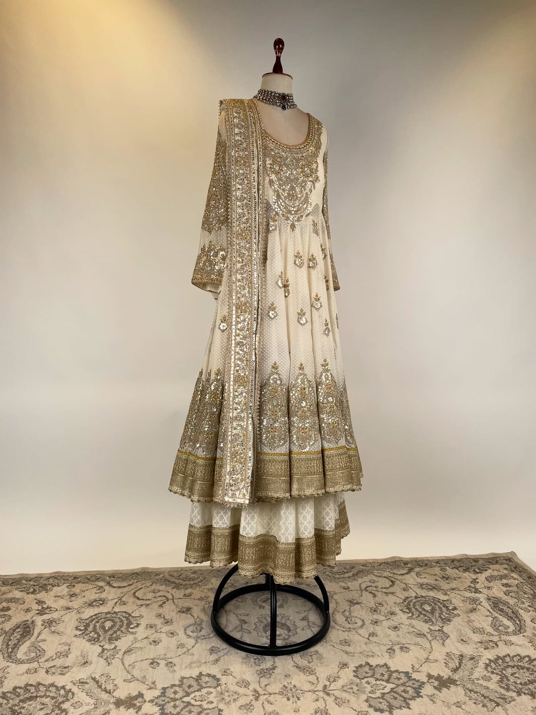 FINE CHANDERI SILK ANARKALI IN TRADITIONAL TECHNIQUES OF GOTA WITH DANKA KAMDANI AND MARODI