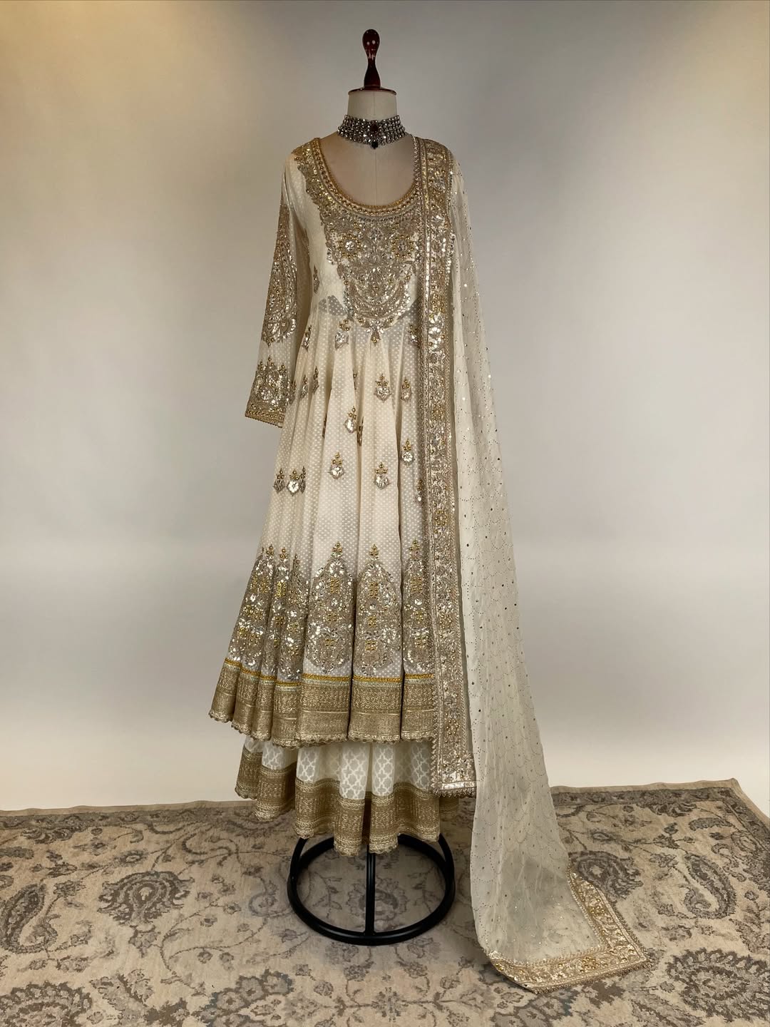 FINE CHANDERI SILK ANARKALI IN TRADITIONAL TECHNIQUES OF GOTA WITH DANKA KAMDANI AND MARODI