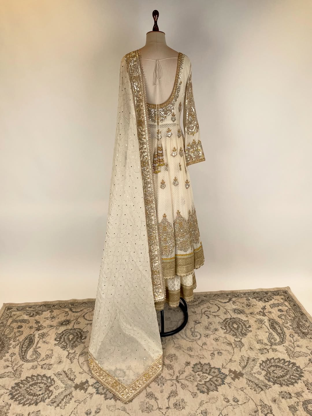 FINE CHANDERI SILK ANARKALI IN TRADITIONAL TECHNIQUES OF GOTA WITH DANKA KAMDANI AND MARODI