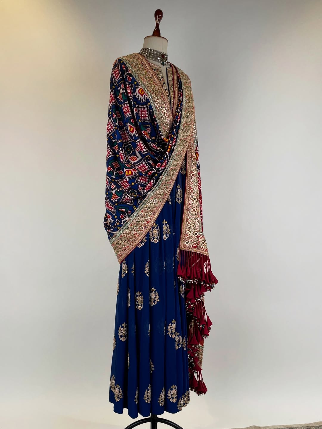 GEORGETTE ANARKALI AND CHURIDAR SET WITH DOUBLE IKAT PATAN PATOLA DUPATTA WITH RESHAM AND MARODI EMBROIDERY