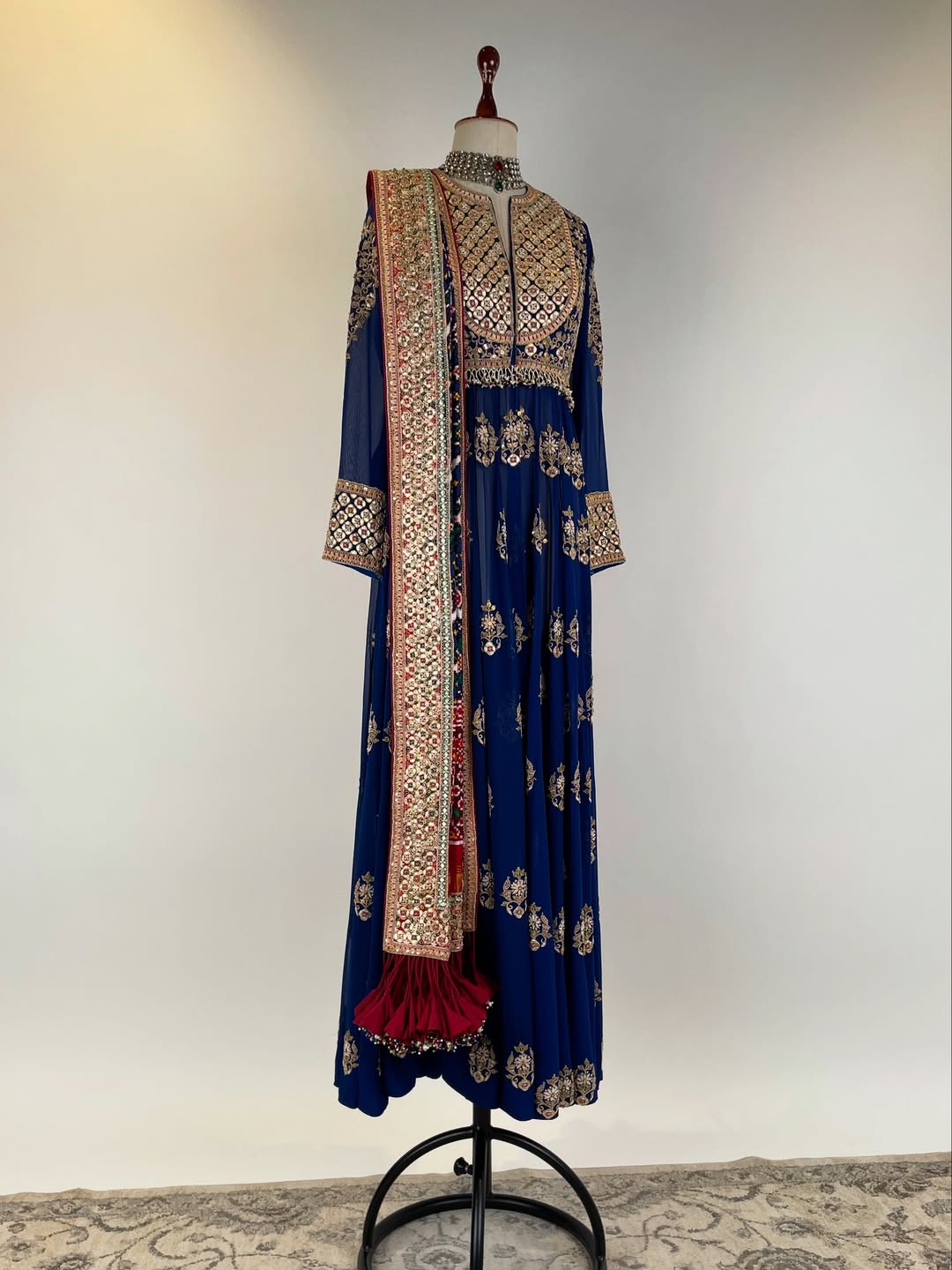 GEORGETTE ANARKALI AND CHURIDAR SET WITH DOUBLE IKAT PATAN PATOLA DUPATTA WITH RESHAM AND MARODI EMBROIDERY