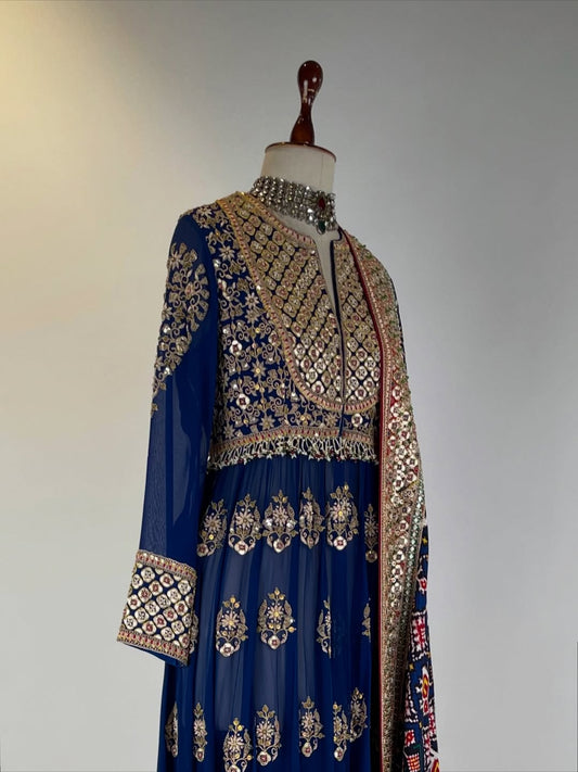 GEORGETTE ANARKALI AND CHURIDAR SET WITH DOUBLE IKAT PATAN PATOLA DUPATTA WITH RESHAM AND MARODI EMBROIDERY