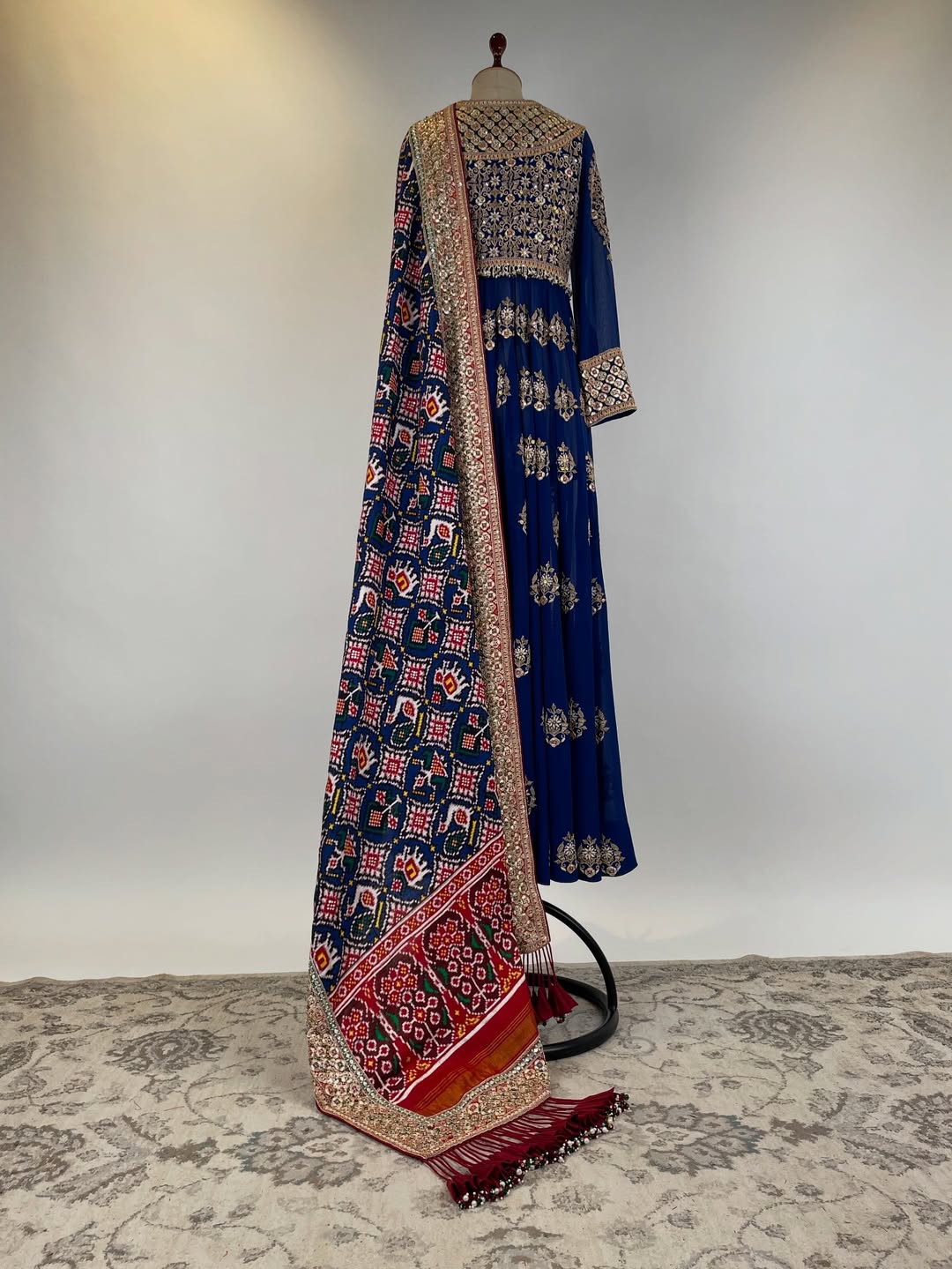 GEORGETTE ANARKALI AND CHURIDAR SET WITH DOUBLE IKAT PATAN PATOLA DUPATTA WITH RESHAM AND MARODI EMBROIDERY