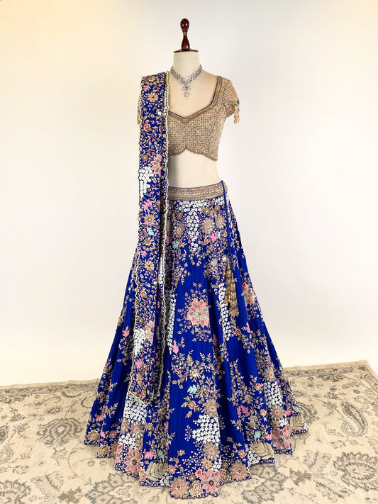 ROYAL BLUE LEHENGA SET FEATURING THE FINEST MARODI RESHAM PEARL AND ZARI KASAB WORK