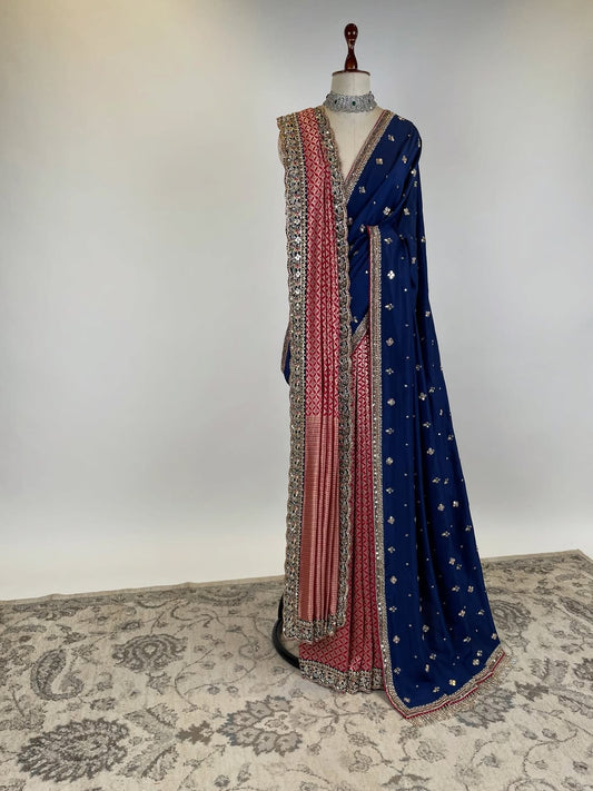 HANDLOOM BANARASI SAREE WITH SCALLOP EMBROIDERED BORDERS UNSTITCHED BLOUSE PIECE AND PAIRED SILK EMBROIDERED DOSHALA