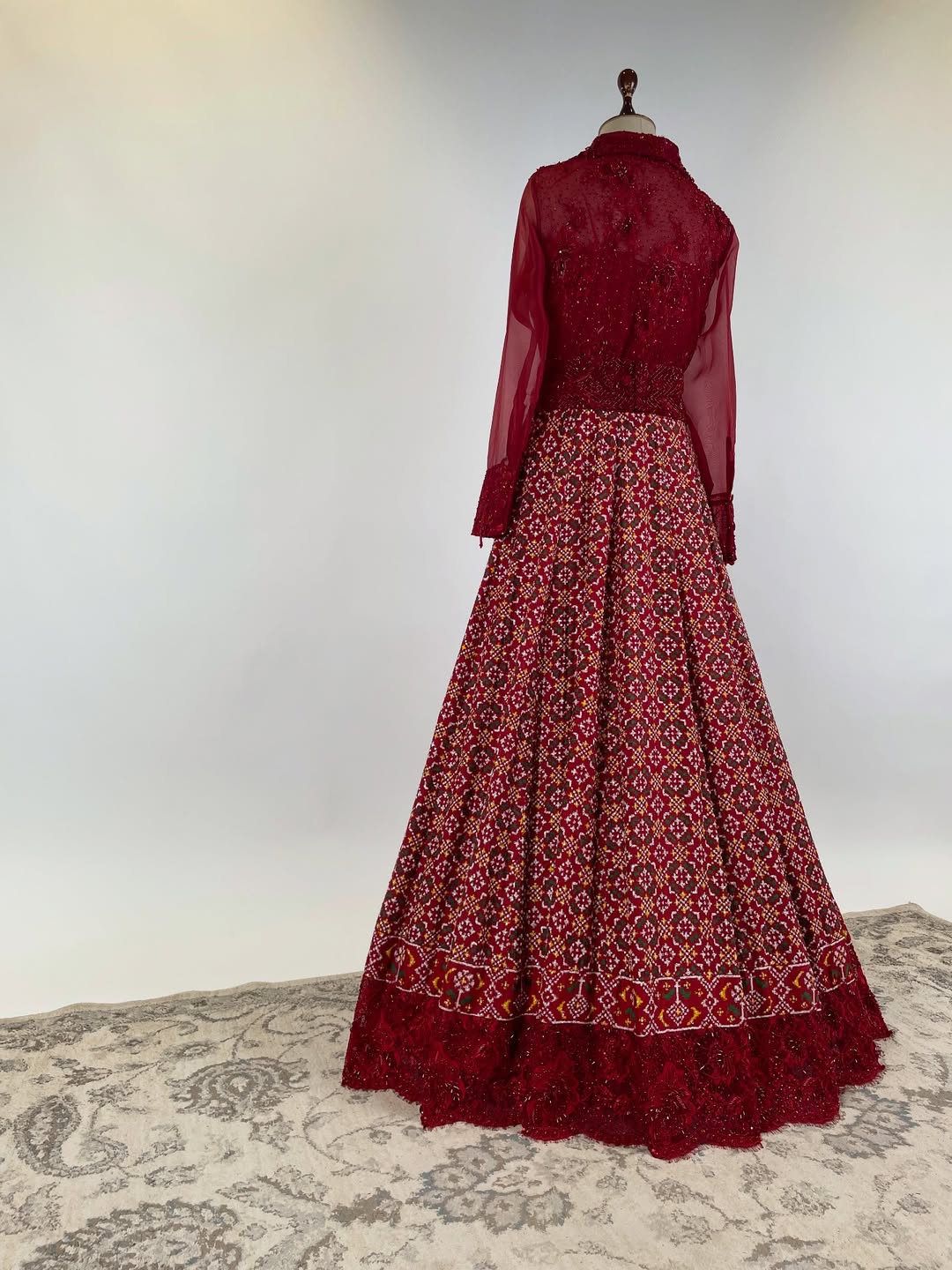 DOUBLE IKAT PATAN PATOLA PAIRED WITH FRENCH CHANTILY ADORNED WITH JAPANESE BEADS AND SWAROVSKI STONE