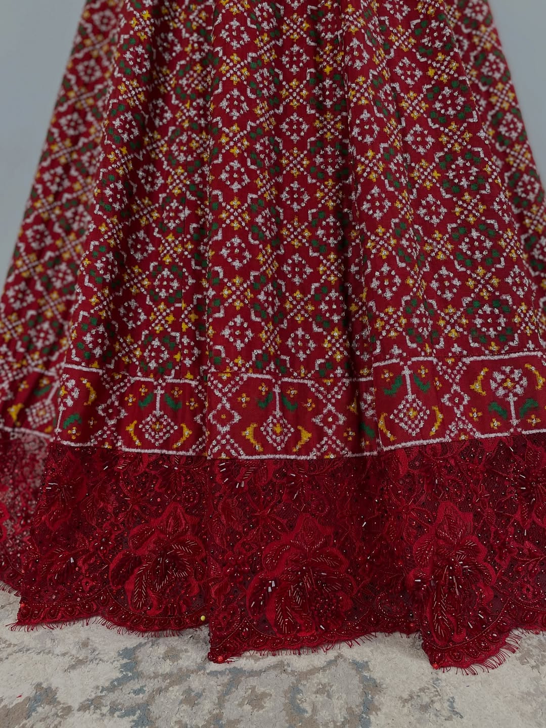 DOUBLE IKAT PATAN PATOLA PAIRED WITH FRENCH CHANTILY ADORNED WITH JAPANESE BEADS AND SWAROVSKI STONE