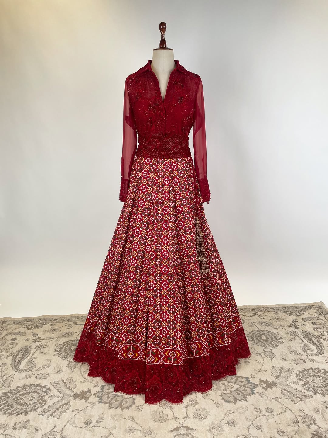 DOUBLE IKAT PATAN PATOLA PAIRED WITH FRENCH CHANTILY ADORNED WITH JAPANESE BEADS AND SWAROVSKI STONE