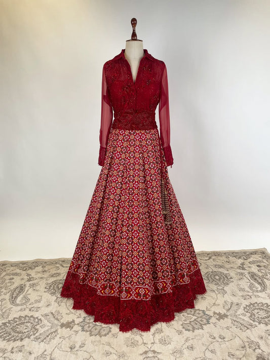 DOUBLE IKAT PATAN PATOLA PAIRED WITH FRENCH CHANTILY ADORNED WITH JAPANESE BEADS AND SWAROVSKI STONE