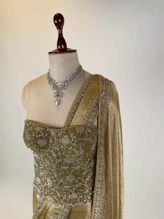 TISSUE SAREE IN BEJWELLED EMBROIDERED BORDERS PAIRED WITH BEJEWELLED CORSET