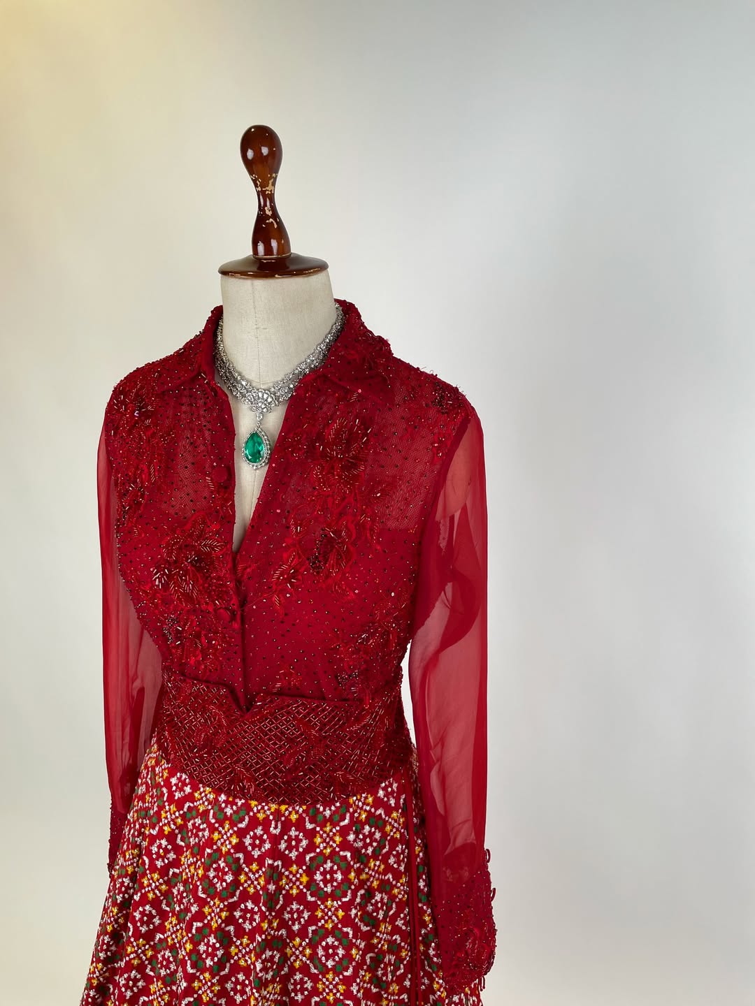 DOUBLE IKAT PATAN PATOLA PAIRED WITH FRENCH CHANTILY ADORNED WITH JAPANESE BEADS AND SWAROVSKI STONE