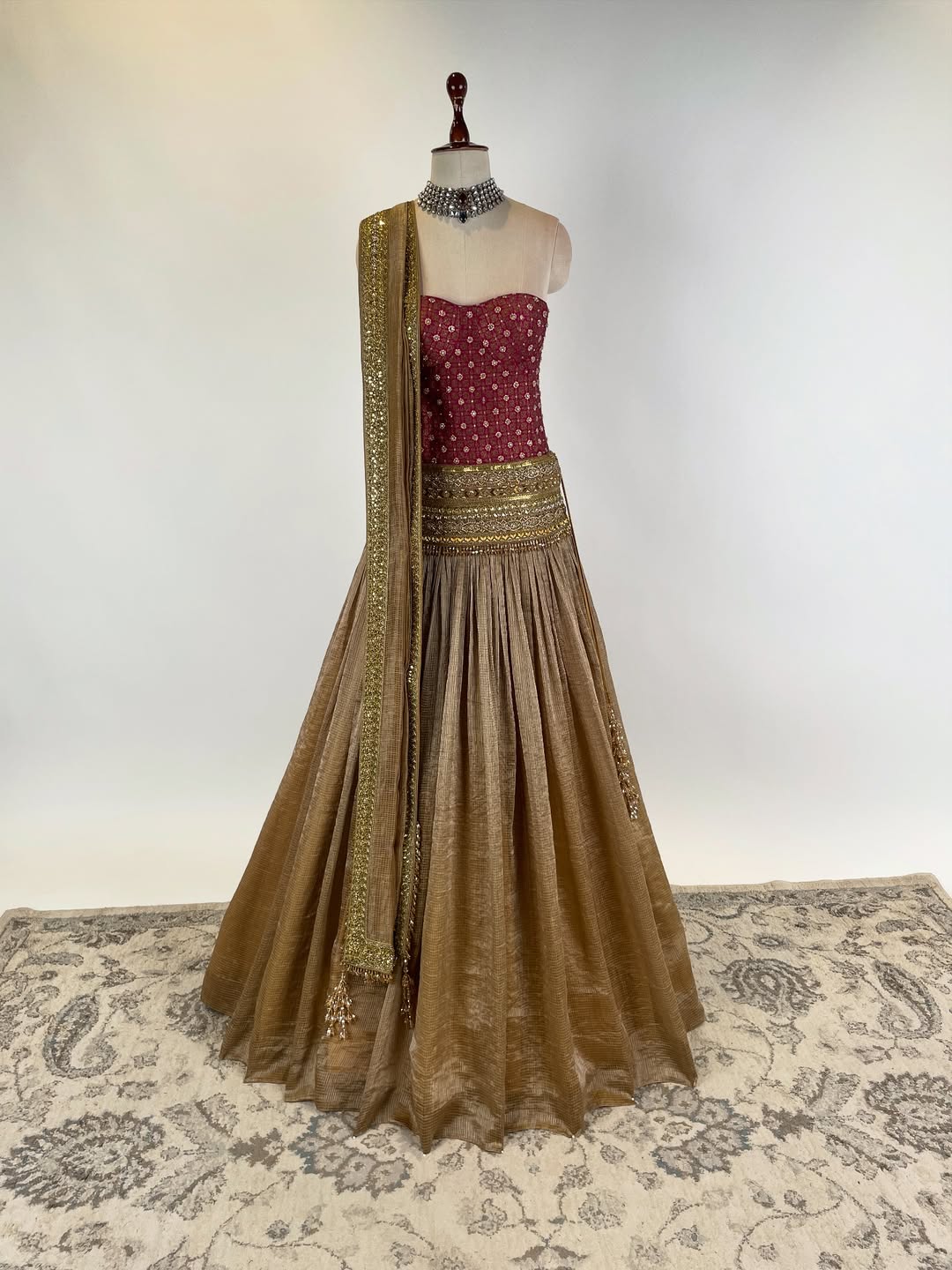 BROCADE CORSET WITH KOTA DORIYA TISSUE LEHENGA