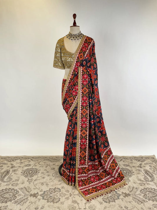 DOUBLE IKAT PATAN PATOLA IN VEGETABLE DYE WITH EXQUISITE HAWA KAAM SAREE BORDER AND BLOUSE