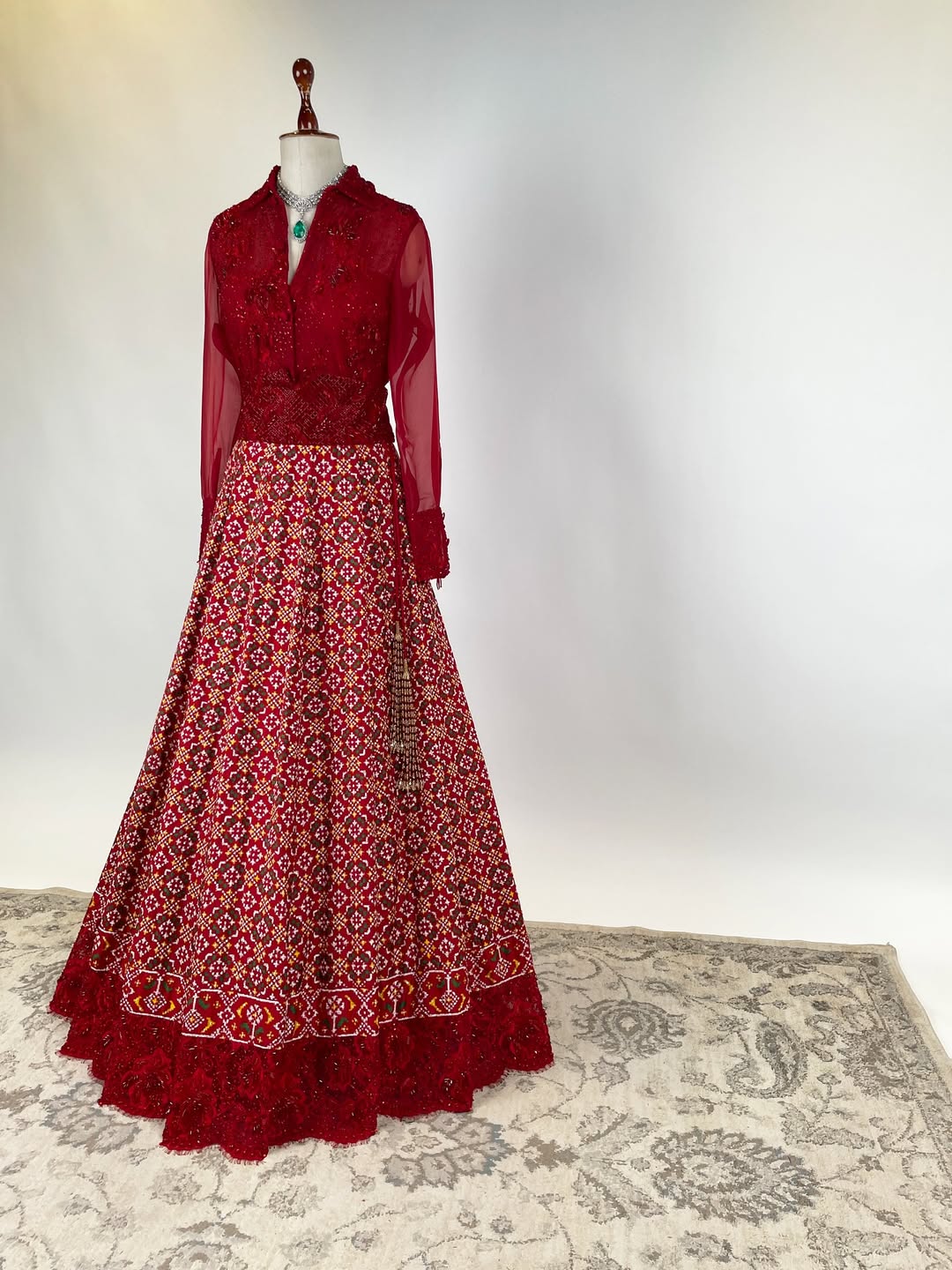 DOUBLE IKAT PATAN PATOLA PAIRED WITH FRENCH CHANTILY ADORNED WITH JAPANESE BEADS AND SWAROVSKI STONE