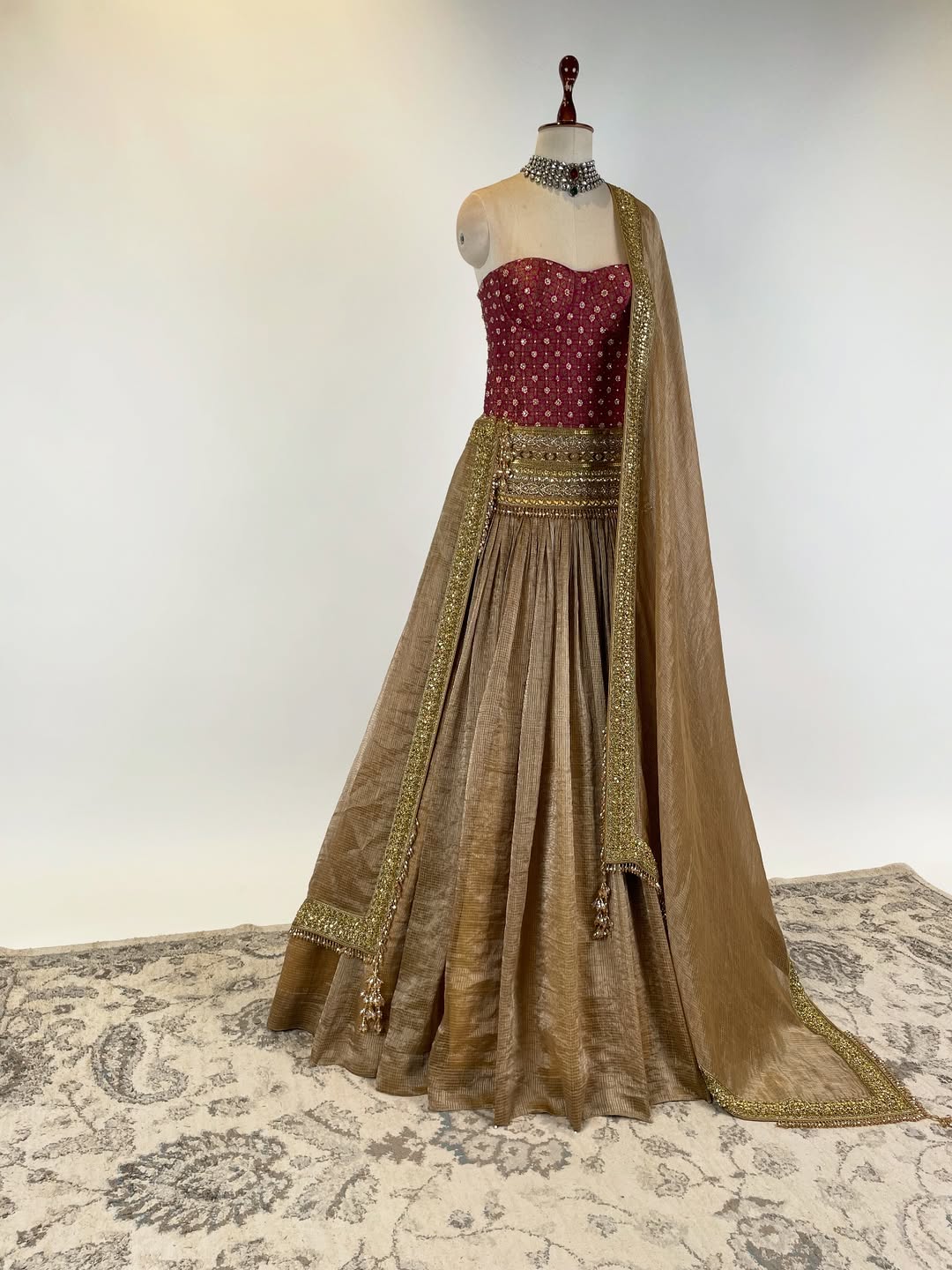 BROCADE CORSET WITH KOTA DORIYA TISSUE LEHENGA